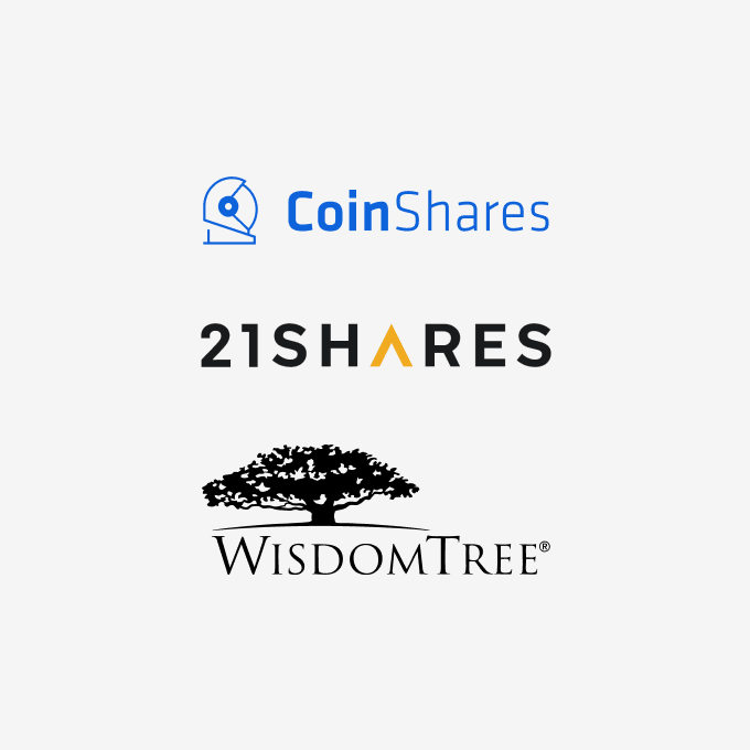 coinshares, 21shares and wisdomtree logos